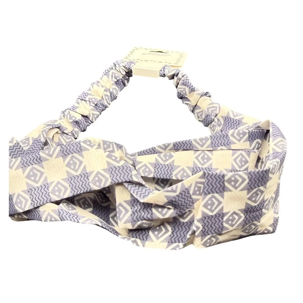 Blue White Geometric Print Twisted Knot Elastic Back Headband Accessory